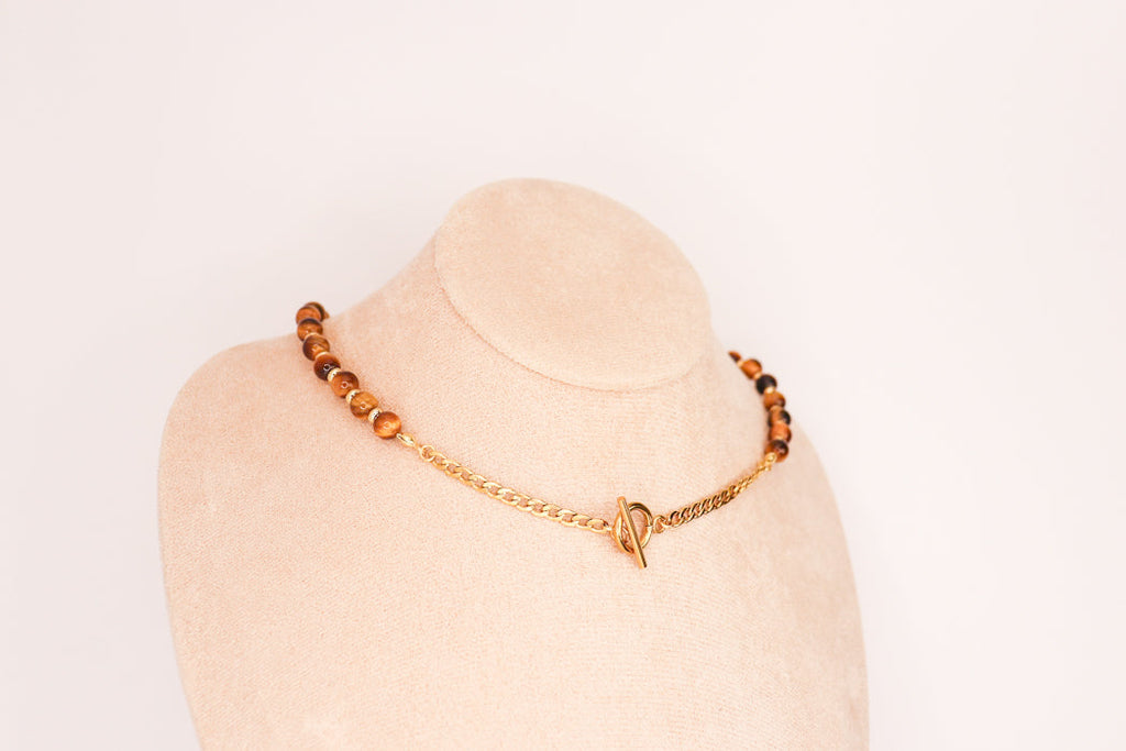 CIRCÉ | Collier en Oeil de tigre et plaqué Or 18 et 24 carats
